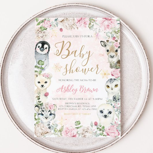 Girl Winter Arctic Animals Babydusche Einladung