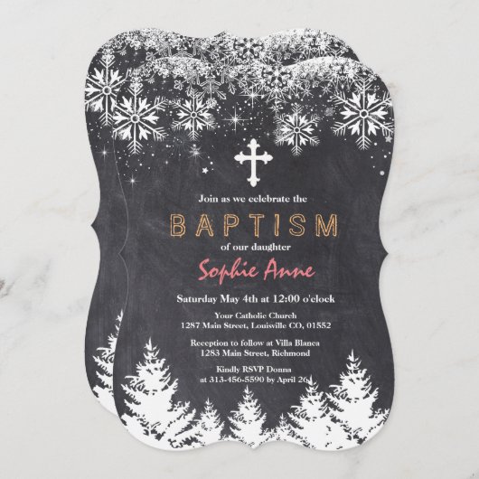 Girl Winter Holiday Snowflakes Chalkboard Taufe Einladung (Vorne/Hinten)