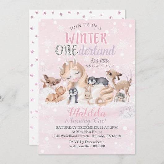 Girl Winter Onederland Einladung Snowflakes (Vorne/Hinten)