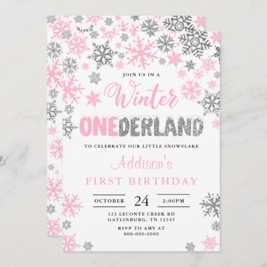 Girl Winter Onederland Einladung zum ersten Geburt (Vorne/Hinten)