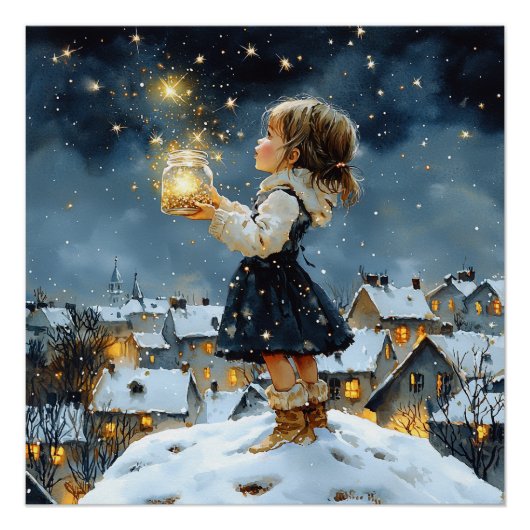 Girl Winter Stars Snowy Night Poster (Vorderseite)