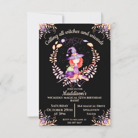 Girl Witch Birthday Watercolor Einladung (Vorderseite)