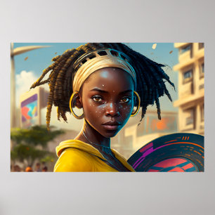 Girl with a Frisbee in a City of the Future Poster