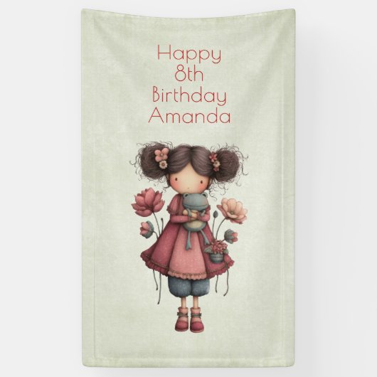 Girl with A Frog Doll Cute Whimsical Birthday Banner (Vertikal)