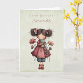 Girl with A Frog Doll Cute Whimsical Birthday Karte (Gelbe Blume)