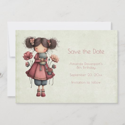 Girl with A Frog Doll Cute Whimsical Birthday Save The Date (Vorderseite)