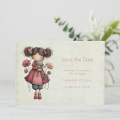Girl with A Frog Doll Cute Whimsical Birthday Save The Date (Stehend Vorderseite)