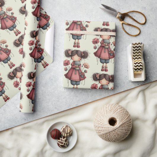 Girl with A Frog Doll Cute Whimsical Pattern Geschenkpapier (Kunsthandwerk)