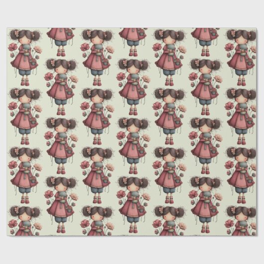 Girl with A Frog Doll Cute Whimsical Pattern Geschenkpapier (Flach)