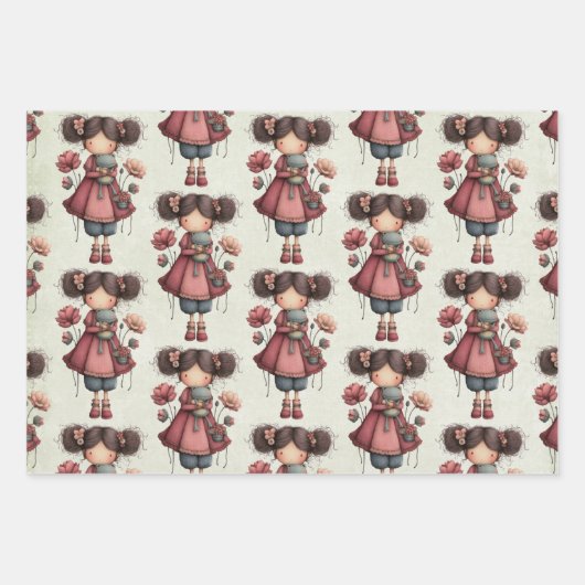 Girl with A Frog Doll Cute Whimsical Pattern Geschenkpapier Set (Vorderseite 2)