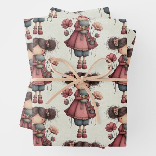 Girl with A Frog Doll Cute Whimsical Pattern Geschenkpapier Set (Beispiel)
