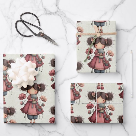 Girl with A Frog Doll Cute Whimsical Pattern Geschenkpapier Set (Vorderseite)