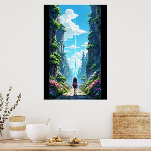 Girl with backpack walking towards fantasy crystal poster (Küche)