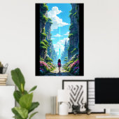 Girl with backpack walking towards fantasy crystal poster (Heimbüro)