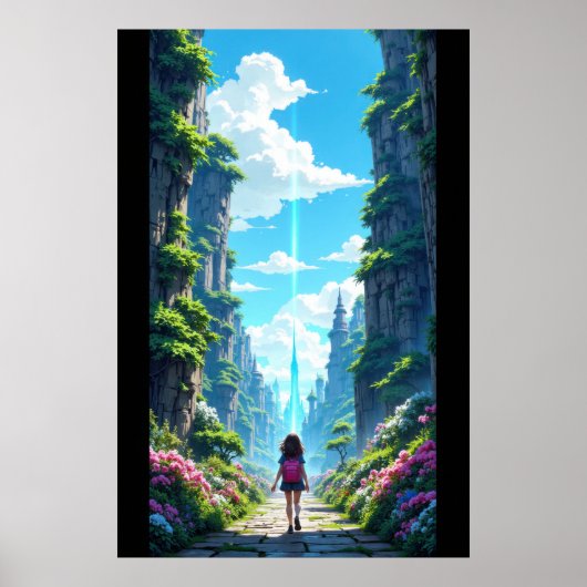 Girl with backpack walking towards fantasy crystal poster (Vorne)