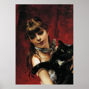 Girl with Black Cat - Reproduction Art Poster