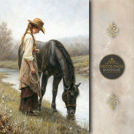 Girl With Black Horse By Stream Decoupage Seidenpapier