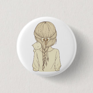 Girl with Braid and Cat Illustration – Soft Pastel Button