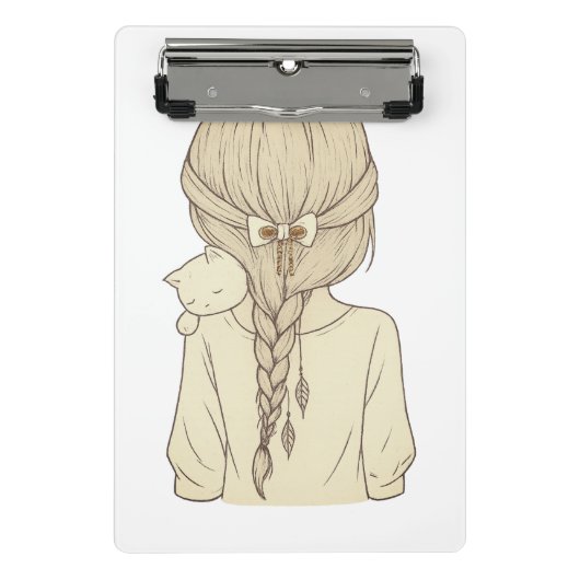 Girl with Braid and Cat Illustration – Soft Pastel Mini Klemmbrett (Vorderseite)