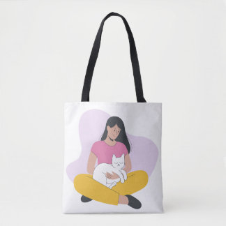 Girl with Cat – Cute Minimalist Cat Lover Tote Tasche