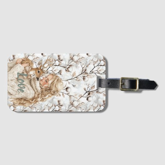 Girl with Deer Christmas Gepäckanhänger (Vorderseite (Horizontal))