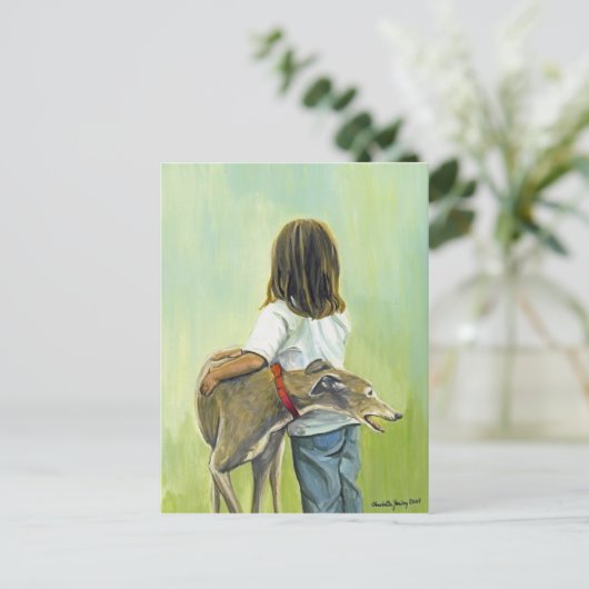 "Girl with Greyhound" Dog Art Postcard Postkarte (Stehend Vorderseite)