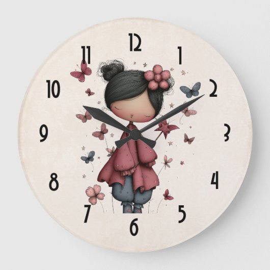 Girl with Magic Wand and Butterflies Cute Große Wanduhr (Vorderseite)