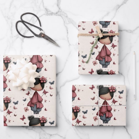 Girl with Magic Wand and Butterflies Pattern Geschenkpapier Set (Vorderseite)