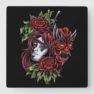 Girl With Oni Mask Quadratische Wanduhr