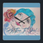 Girl With Red Rose Beret Be True To You Clock Quadratische Wanduhr<br><div class="desc">Girl With Red Rose Beret Be True To You Clock. A lovely & practical gift! Designed from one of my original watercolour paintings!</div>