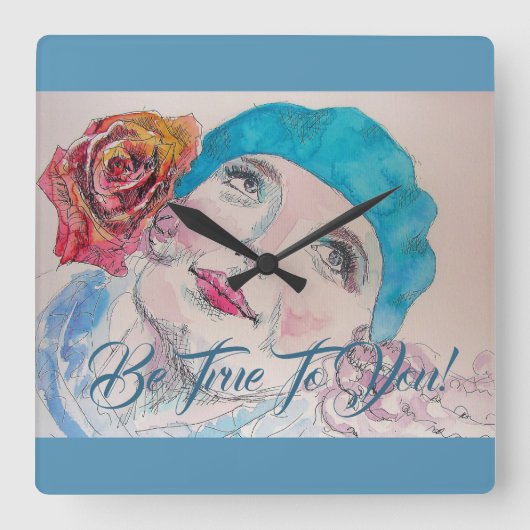 Girl With Red Rose Beret Be True To You Clock Quadratische Wanduhr (Vorderseite)