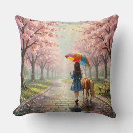 Girl with Umbrella and Pony in Park Throw Pillow Kissen