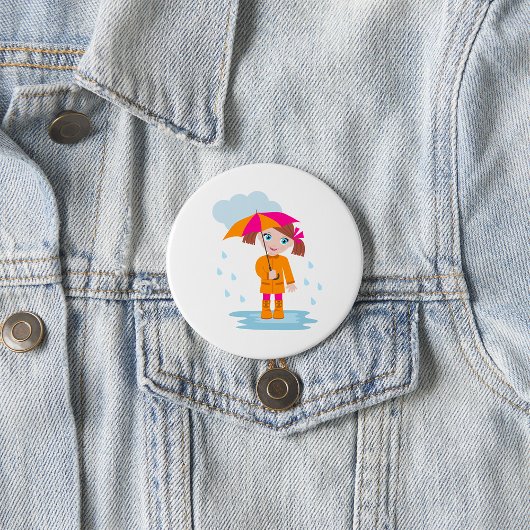 Girl with Umbrella in Rain Kids Rainy Day Button