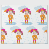 Girl with Umbrella in Rain Kids Rainy Day Geschenkpapier (Flach)