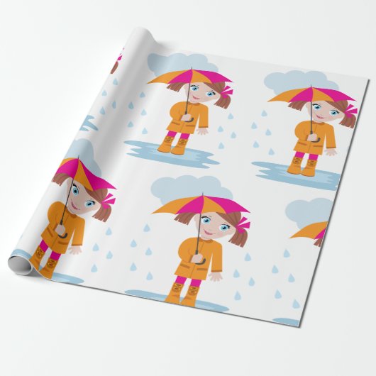 Girl with Umbrella in Rain Kids Rainy Day Geschenkpapier (Ungerollt)