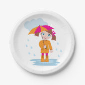Girl with Umbrella in Rain Kids Rainy Day Pappteller (Vorderseite)