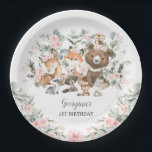 Girl Woodland Animals Eukalyptus Rose Geburtstag Pappteller<br><div class="desc">Dieses elegante Design besticht durch sanfte,  grüne Aquarellwiesen,  hübsche Rosen,  bezaubernde Waldtiere und moderne Schriften.</div>