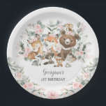 Girl Woodland Animals Eukalyptus Rose Geburtstag Pappteller<br><div class="desc">Dieses elegante Design besticht durch sanfte,  grüne Aquarellwiesen,  hübsche Rosen,  bezaubernde Waldtiere und moderne Schriften.</div>
