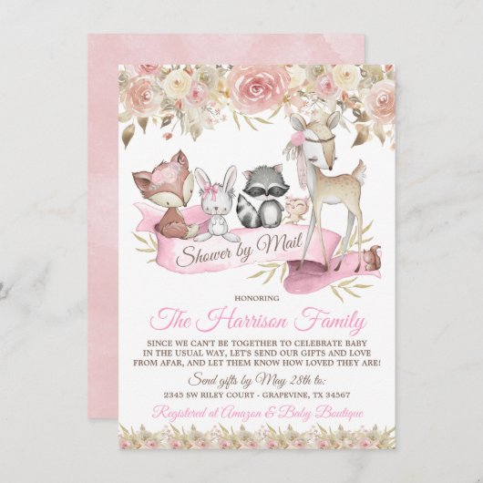 Girl Woodland Animals Mail Virtual Baby Dusche Einladung (Vorne/Hinten)