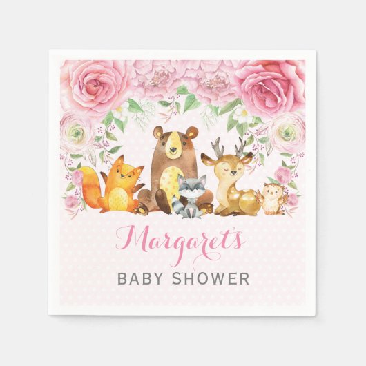 Girl Woodland Animals Pink Floral Baby Dusche Serviette (Vorderseite)