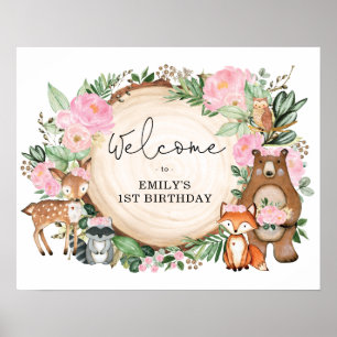 Girl Woodland Animals Rosa Flora Geburtstag Willko Poster
