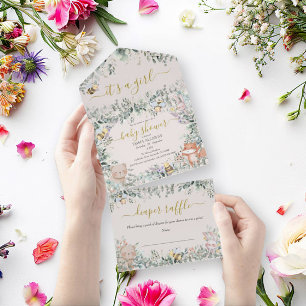 Girl Woodland Animals Watercolor Boho Kinderdusche All In One Einladung