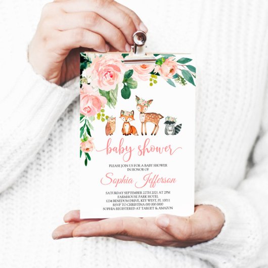 Girl Woodland Baby Duschwald Tiere Rosa Rose Einladung