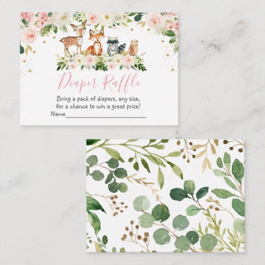 Girl Woodland Blush Floral Diaper Raffenkarte Begleitkarte (Vorne/Hinten)