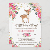 Girl Woodland Deer Baby Dusche Einladung Floral (Vorne/Hinten)