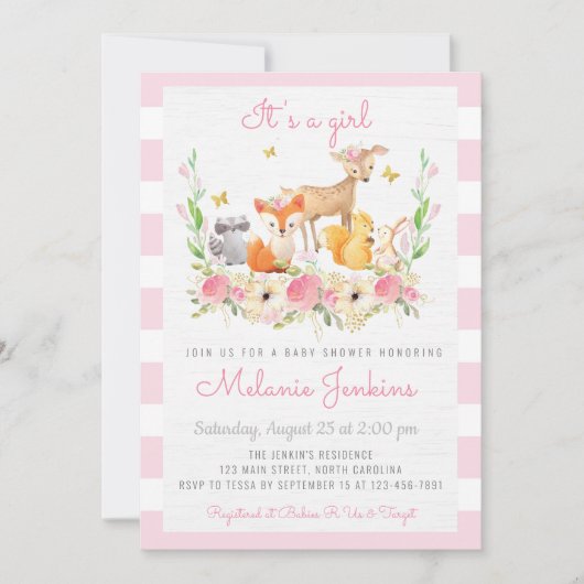 Girl Woodland Deer Baby Shower Einladung (Vorderseite)