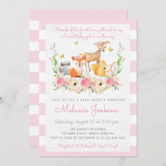 Girl Woodland Deer Baby Shower Einladung (Vorne/Hinten)