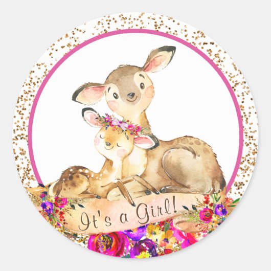 Girl Woodland Deer Baby Shower Stickers (Vorderseite)