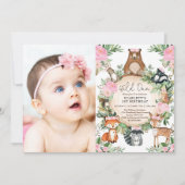 Girl Woodland Forest Pink Floral Wild Ein Geburtst Einladung (Vorderseite)