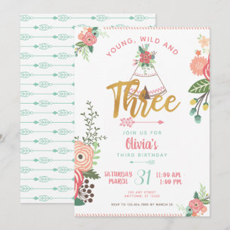 Girl Young Wild Three Boho Tribal Birthday Invite Einladung